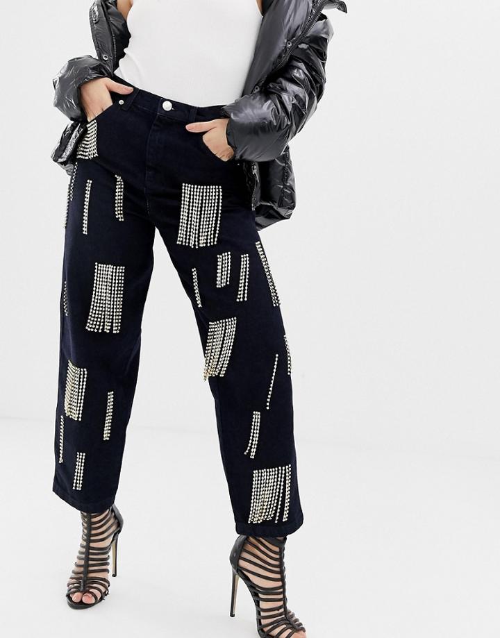 Asos Design Carpenter Boyfriend Jeans In Clean Indigo With Rhinestone Tassel Detail-blue