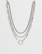 Asos Design Multirow Necklace With Snake And Open Link Chain In Silver Tone - Silver