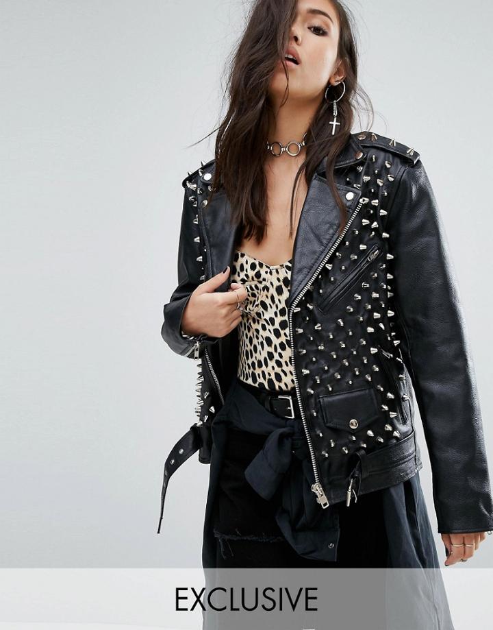 Milk It Vintage Leather Biker Jacket With All Over Studs - Black