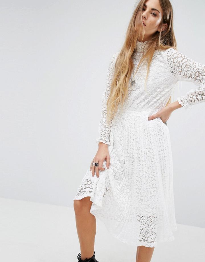 Navy London High Neck Rose Lace Pleated Dress - White