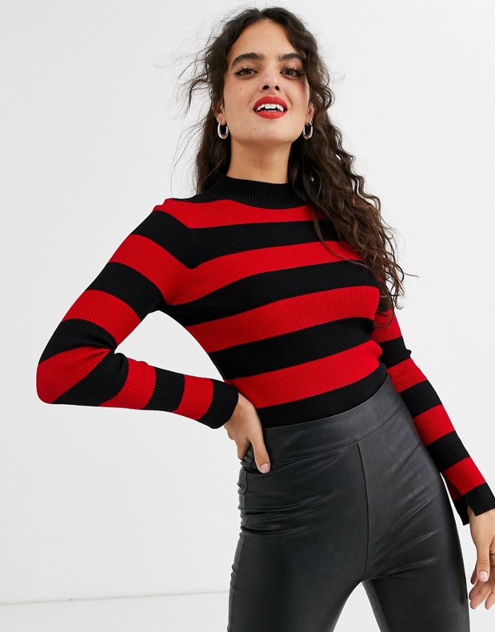 Stradivarius Ribbed Long Sleeve Sweater In Red Stripe
