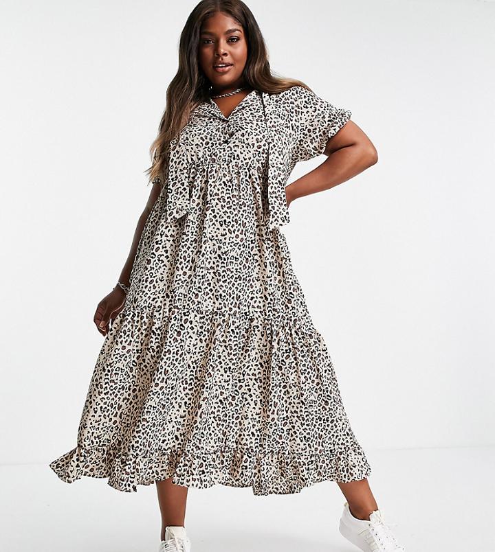 Urban Threads Plus Animal Print Smock Dress With Bow-neutral