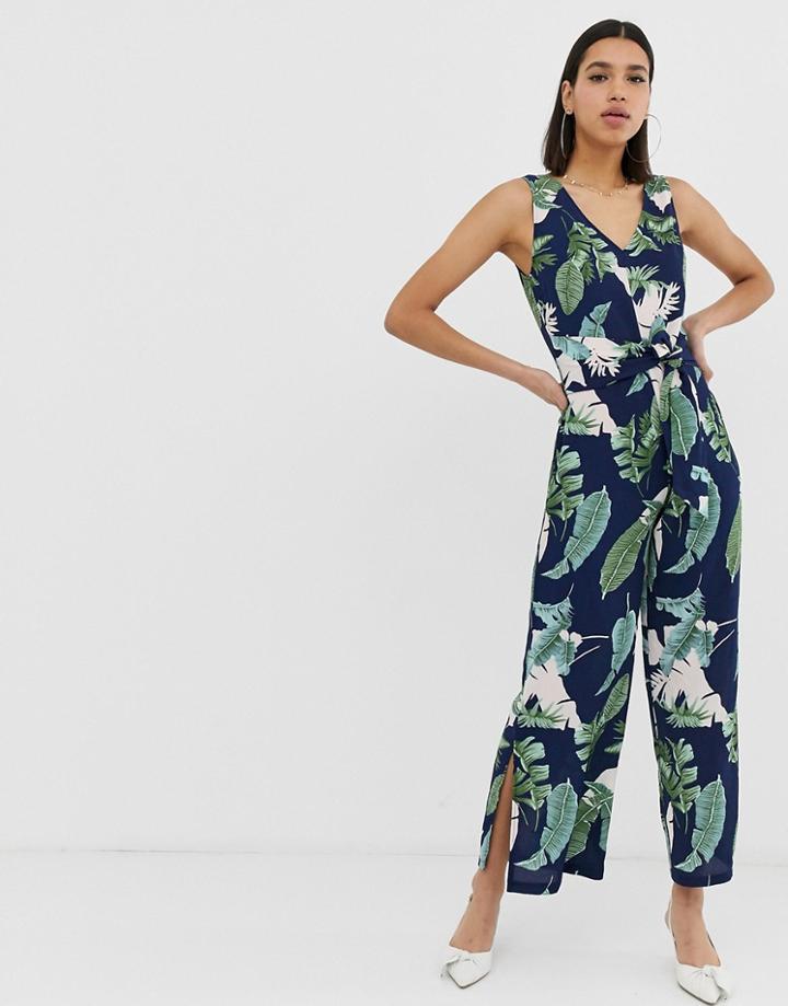 Ax Paris Tropical Print Culotte Jumpsuit - Navy