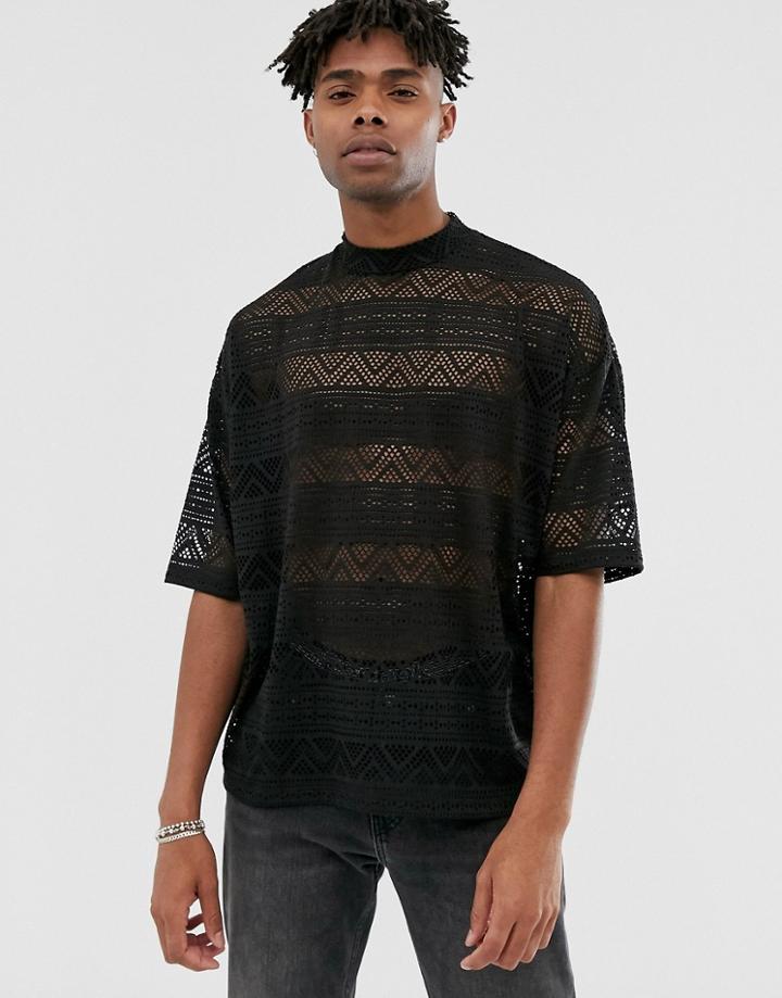 Asos Design Oversized T-shirt With Half Sleeve In Black Geo Mesh - Black