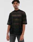 Asos Design Oversized T-shirt With Half Sleeve In Black Geo Mesh - Black