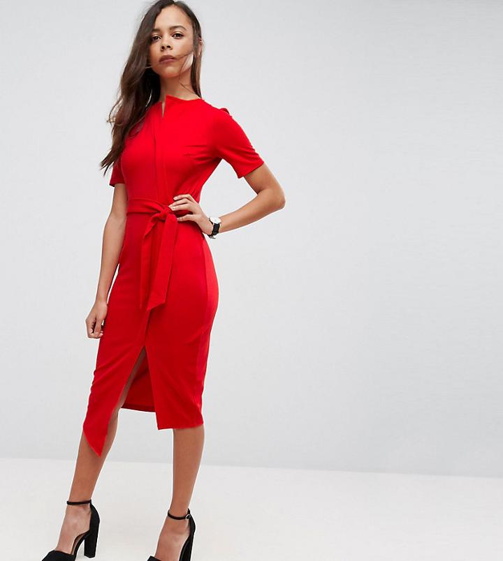 Asos Petite Midi Wrap Dress With Belt - Red