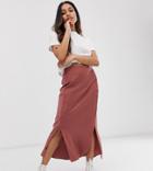 Asos Design Petite Bias Cut Satin Midi Skirt With Splits-brown