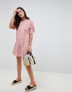 Asos Design Button Through Pephem Mini Dress With Buttons-pink