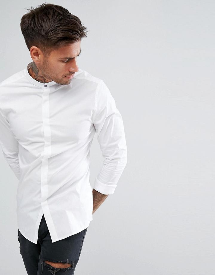 Asos Skinny Shirt With Grandad Collar And Popper In White - White