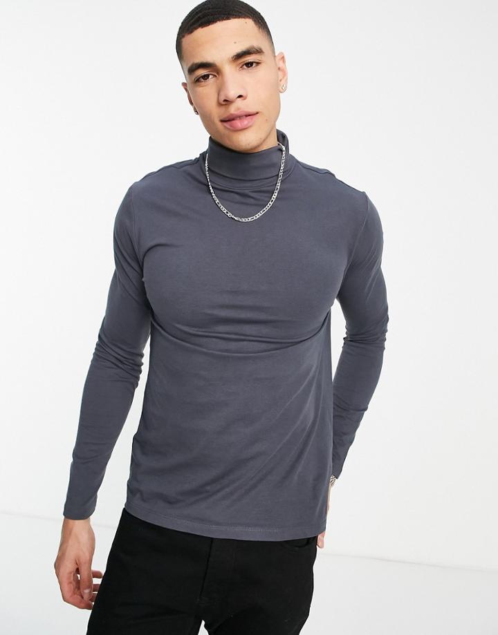 New Look Long Sleeve Roll Neck Top In Dark Gray