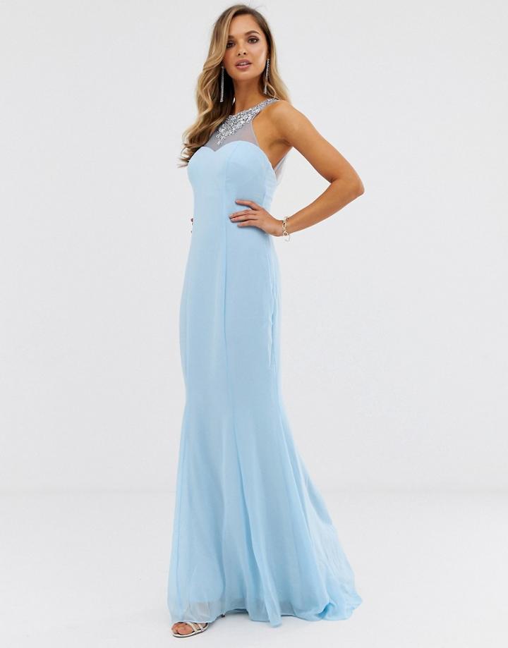 City Goddess High Neck Embellished Detail Maxi Dress - Blue