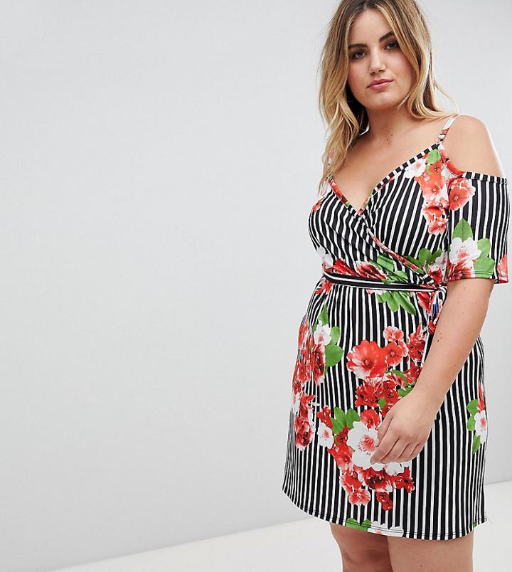 Pink Clove Wrap Dress With Cold Shoulder In Floral Stripe - Multi
