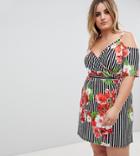 Pink Clove Wrap Dress With Cold Shoulder In Floral Stripe - Multi