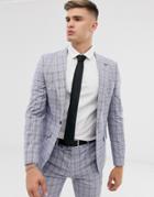 River Island Skinny Suit Jacket In Powder Blue Check-blues