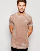 Asos Longline T-shirt With Burnout Wash And Text Print - Brown