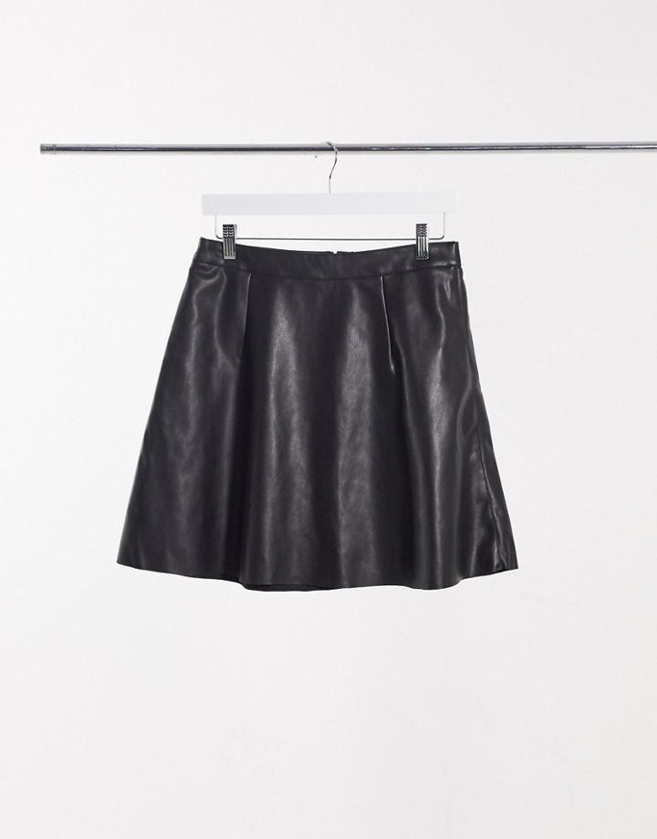 Vila Faux Leather Skater Skirt In Black