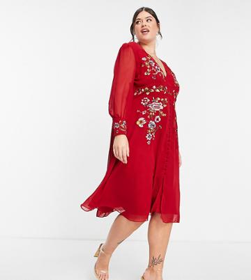 Hope & Ivy Plus Long Sleeve Embroidered Midi Tea Dress In Red