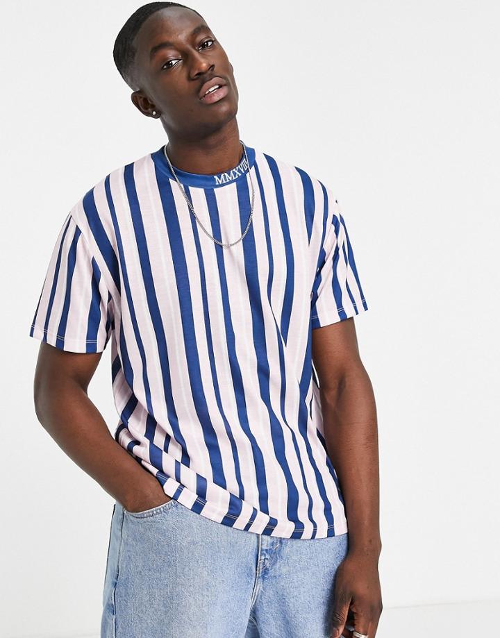 Asos Design Relaxed Striped T-shirt In Pink & Navy With Text Print-multi