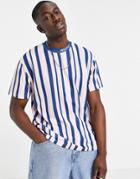 Asos Design Relaxed Striped T-shirt In Pink & Navy With Text Print-multi