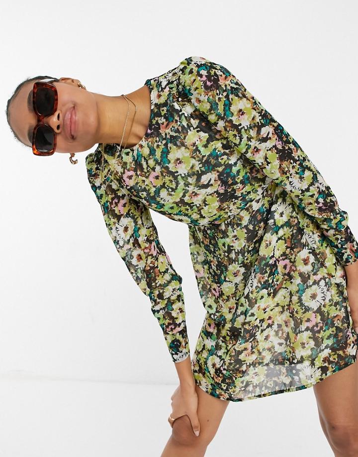 Vero Moda Mini Skater Dress In Green Floral-multi