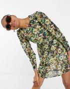 Vero Moda Mini Skater Dress In Green Floral-multi
