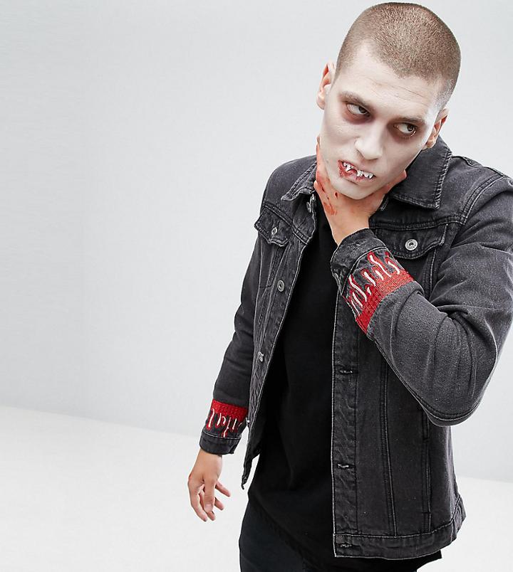 Liquor N Poker Embroidered Dripping Blood Denim Jacket - Black