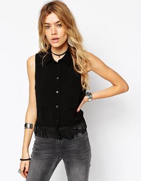 Asos Cropped Blouse With Fringe Hem - Black