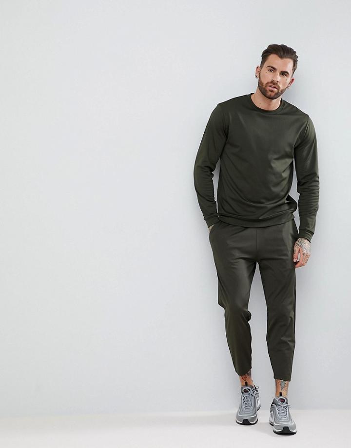Asos Tracksuit Sweatshirt/ Slim Crop Joggers In Green Poly Tricot - Green
