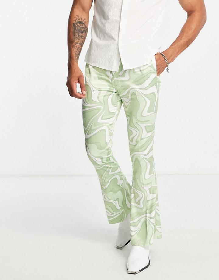 Asos Design Skinny Flared Pants In Green Marble Print