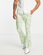 Asos Design Skinny Flared Pants In Green Marble Print