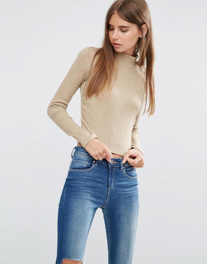 Asos Crop Top With Turtleneck In Space Dye - Beige