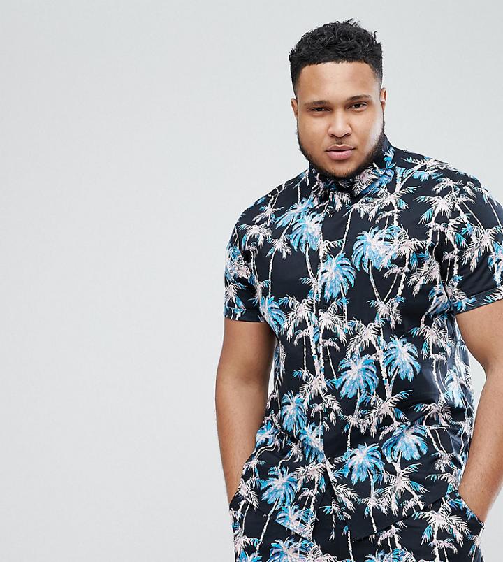 Asos Design Plus Skinny Co-ord Palm Print Shirt - Black