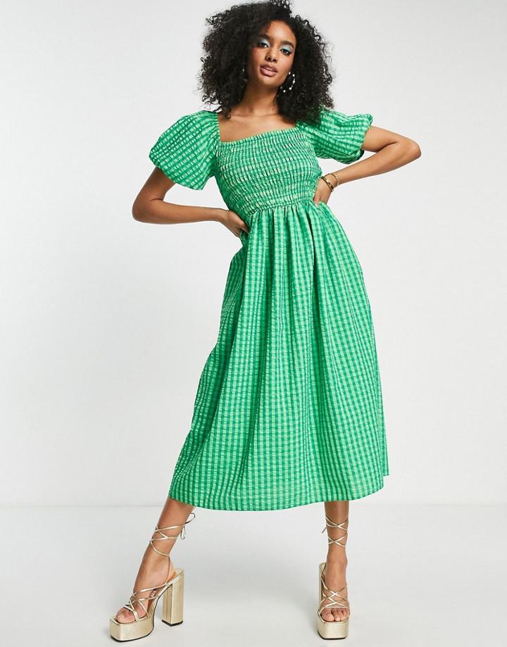 Never Fully Dressed Textured Smock Midi Dress In Green Gingham