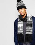 7x Bobble Hat And Scarf Set In Farisle - Black