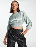 Trendyol Balloon Sleeve Cropped Blouse In Sage Satin-green