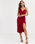 Little Mistress Satin Wrap Dress In Ruby-red