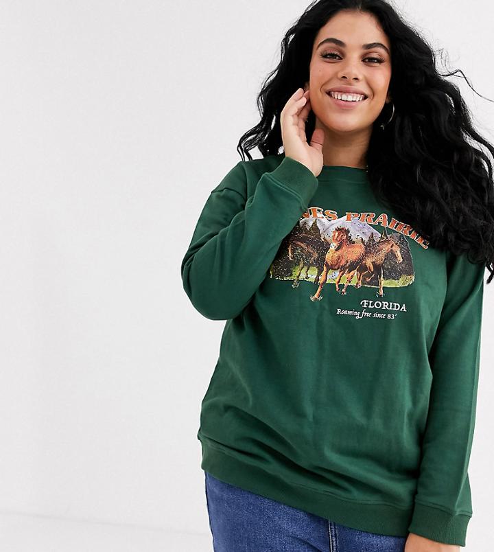 Daisy Street Plus Relaxed Sweatshirt With Paynes Prairie Print - Green