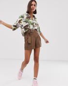 Bershka Belted Utility Short In Brown