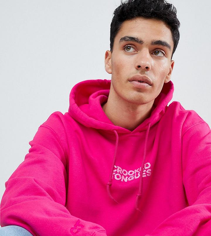 Crooked Tongues Oversized Hoodie In Pink With Logo - Pink