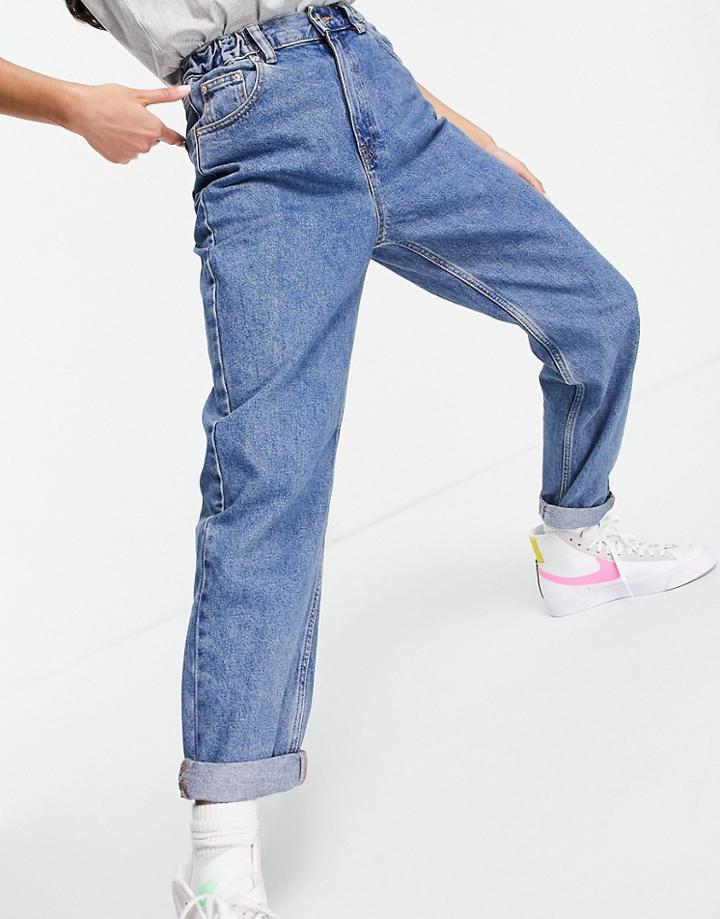 Pull & Bear Elasticized Waist Mom Jeans In Light Blue-blues