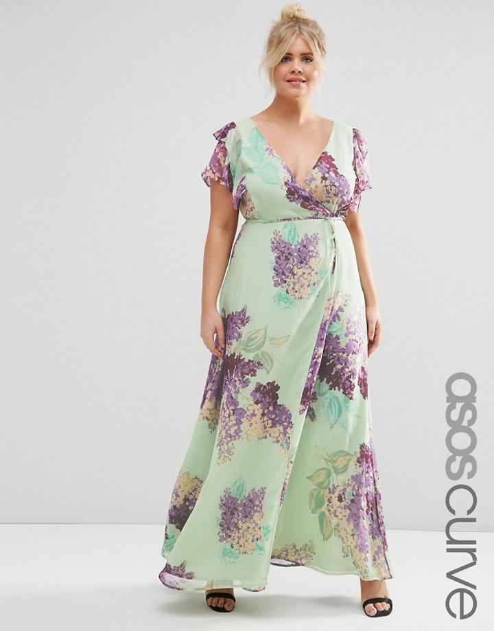 Asos Curve Frill Wrap Maxi Dress With Hydrangea Print - Print