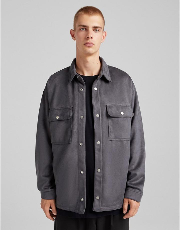 Bershka Trucker Jacket In Camel Faux Suede In Mink-brown