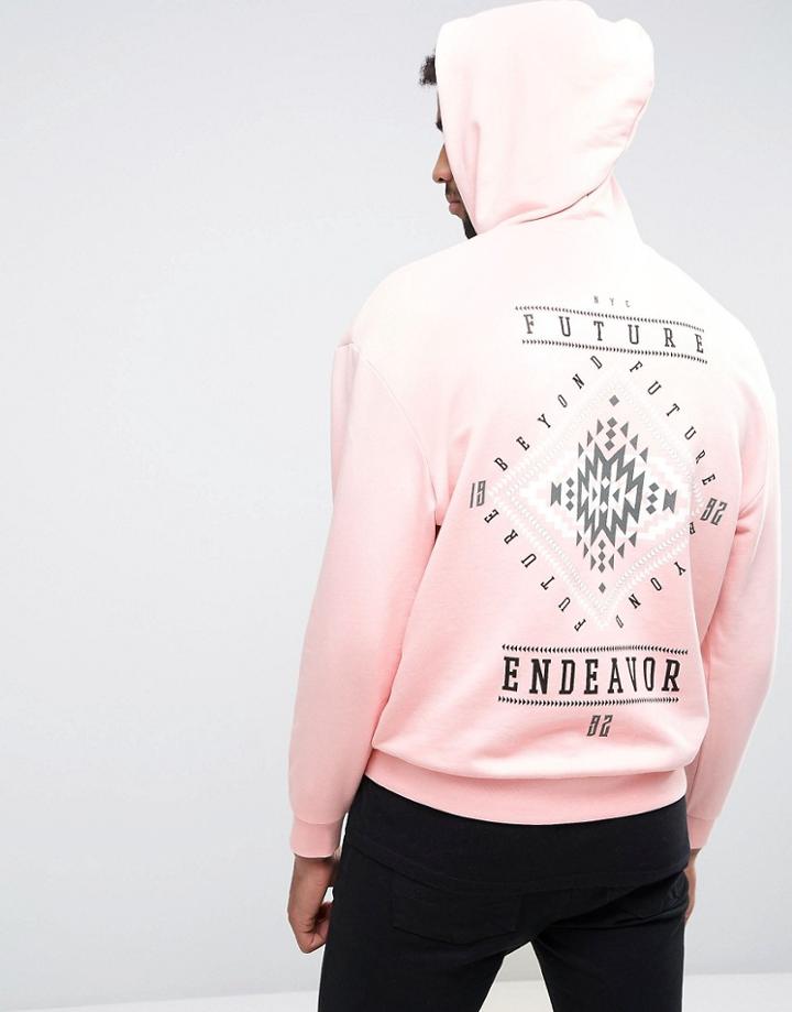 Asos Oversized Hoodie In Pink With Geo-tribal Print - Pink
