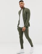 Asos Design Tracksuit Muscle Track Jacket/super Skinny Sweatpants With Piping In Green - Green