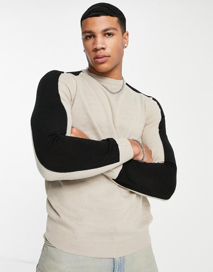 Soul Star Contrast Arm Panel Sweater In Stone-neutral