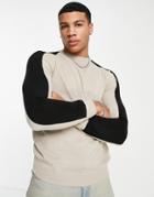 Soul Star Contrast Arm Panel Sweater In Stone-neutral
