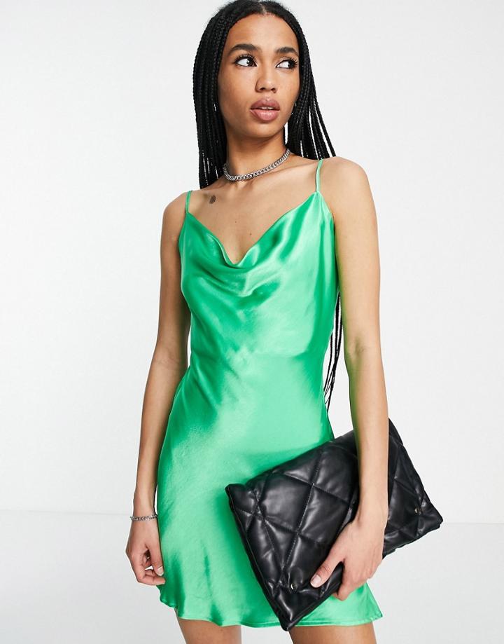 Bershka Cowl Neck Satin Mini Dress In Green
