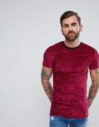 Asos Striped Muscle Longline T-shirt In Velour - Red