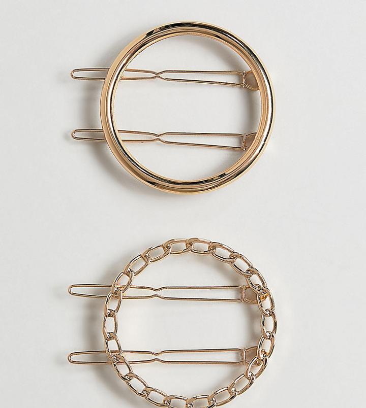 Asos Design Pack Of 2 Plain And Rope Circle Barette Hair Clips In Gold - Gold