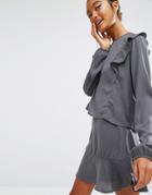 First & I Ruffle Front Cropped Blouse - Gray